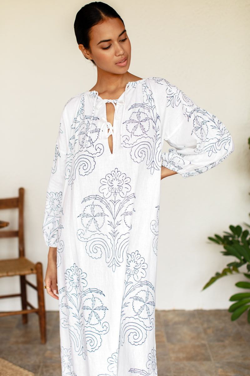Folk Maxi Dress - Maeve Outline Indigo Linen Folk Maxi Dress - Maeve Outline Indigo Linen