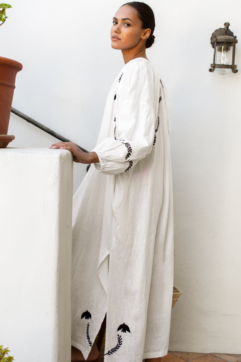Folk Maxi Dress - White Dove Embroidery Linen Folk Maxi Dress - White Dove Embroidery Linen