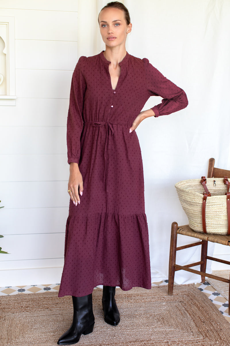 Frances 3 Dress - Swiss Dots Burgundy Organic