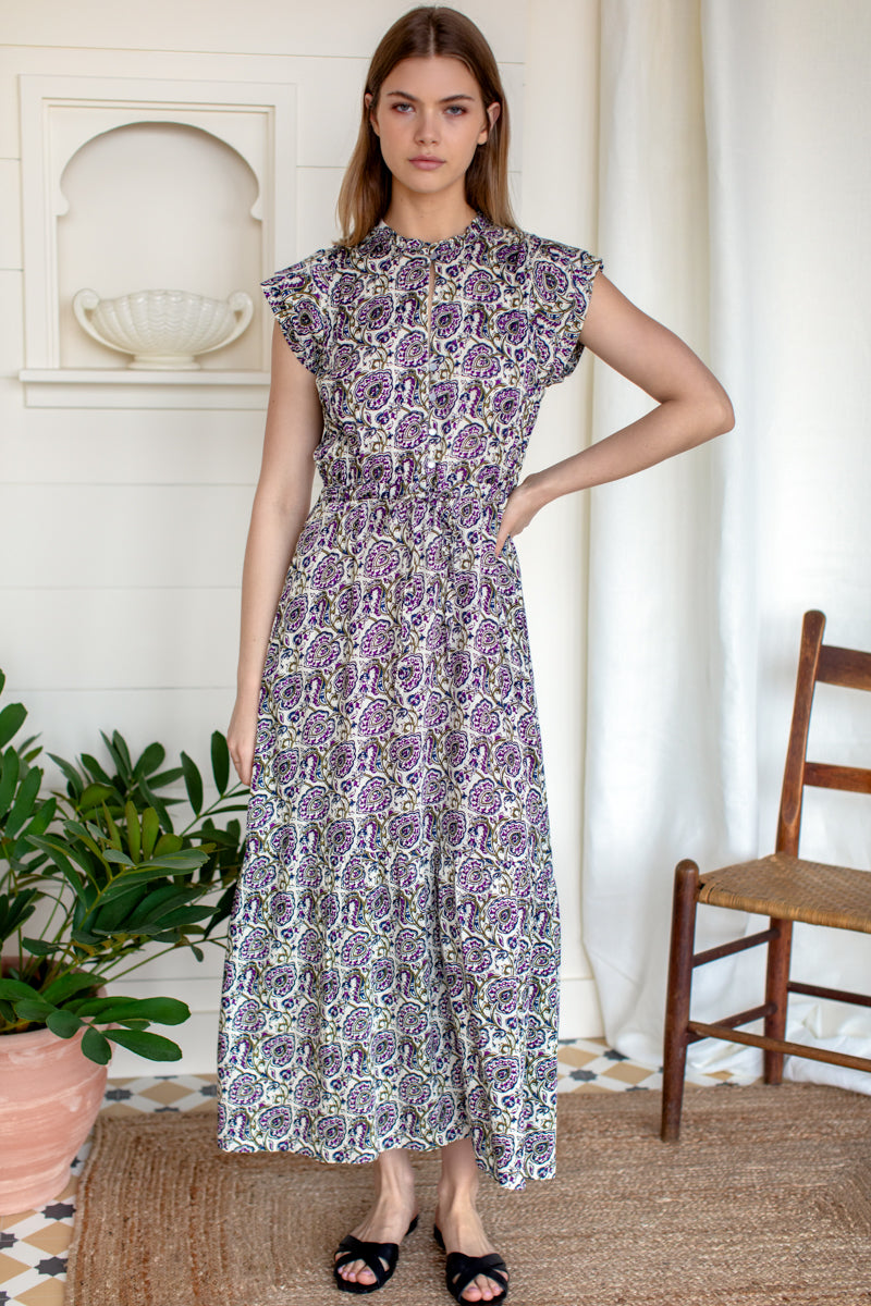 Frances 3 Frill Dress - Aubergine Vines S Frances 3 Frill Dress - Aubergine Vines S