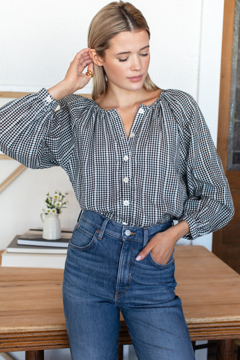 Frances Blouse - Crushed Gingham Black + Ivory