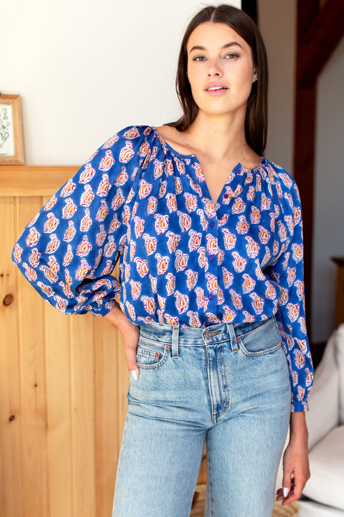 Frances Blouse - Blue Paisley Flower Satin - Emerson Fry