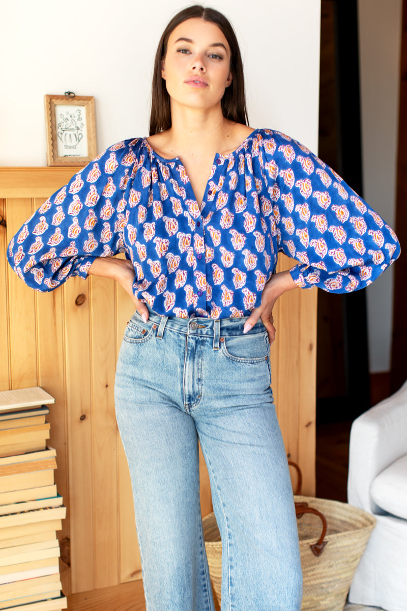 Frances Blouse - Blue Paisley Flower Satin