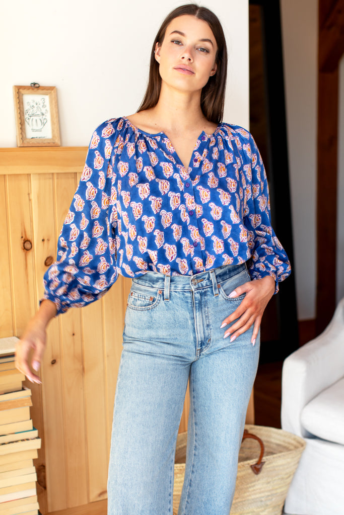 Frances Blouse - Blue Paisley Flower Satin - Emerson Fry