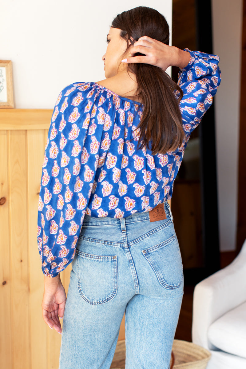 Frances Blouse - Blue Paisley Flower Satin