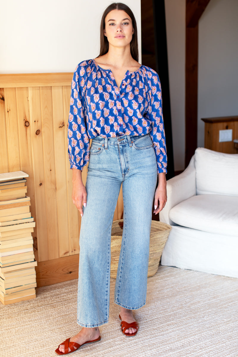 Frances Blouse - Blue Paisley Flower Satin