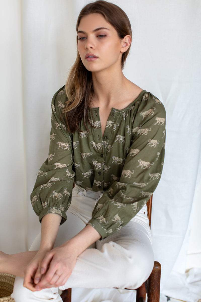 Frances Blouse - Olive Cheetah Organic