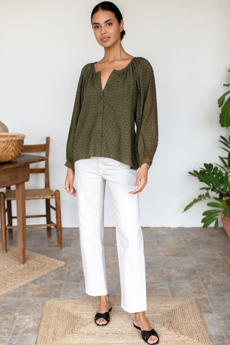 Frances Blouse - Stripe Swiss Dot Moss Organic