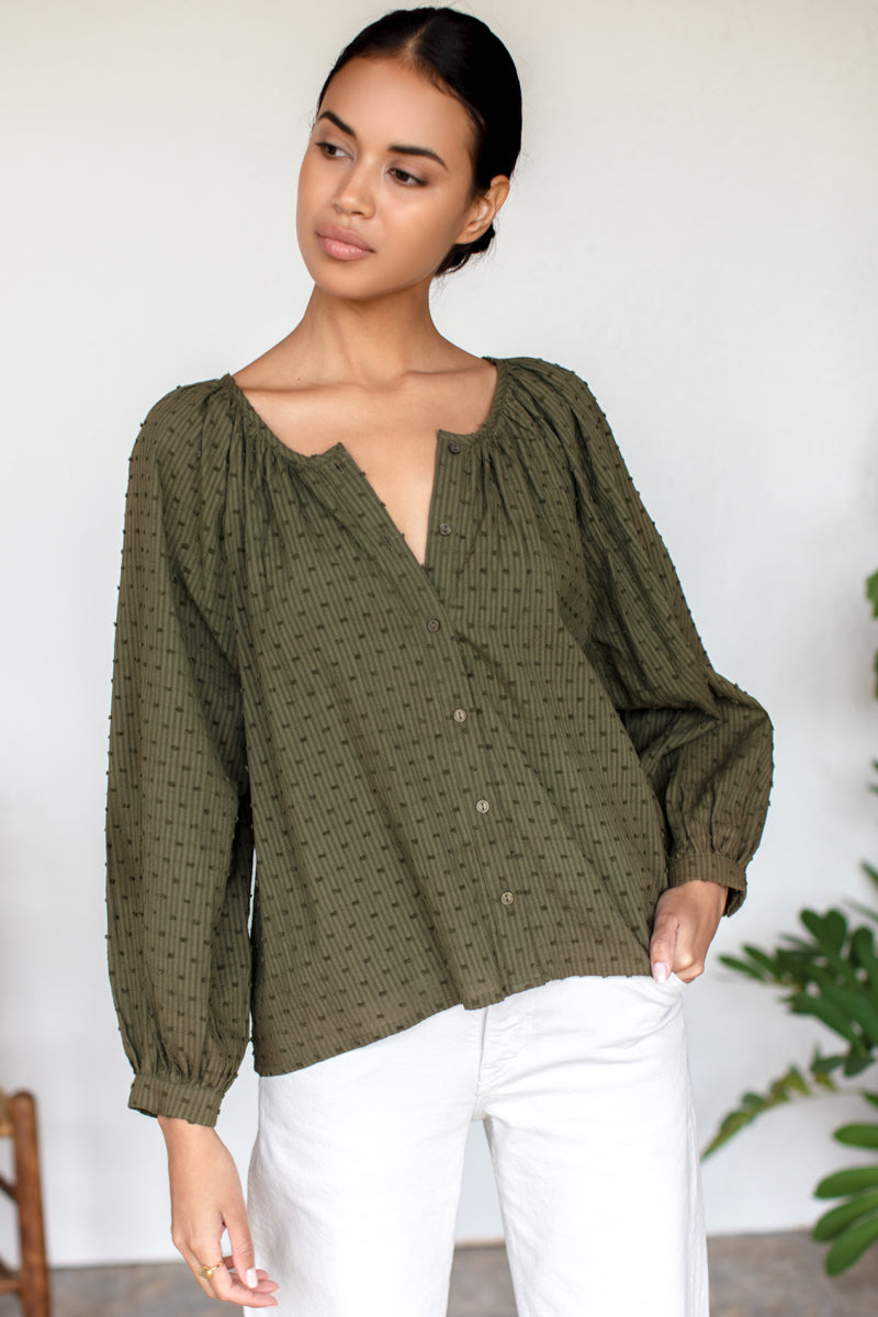 Frances Blouse - Stripe Swiss Dot Moss Organic