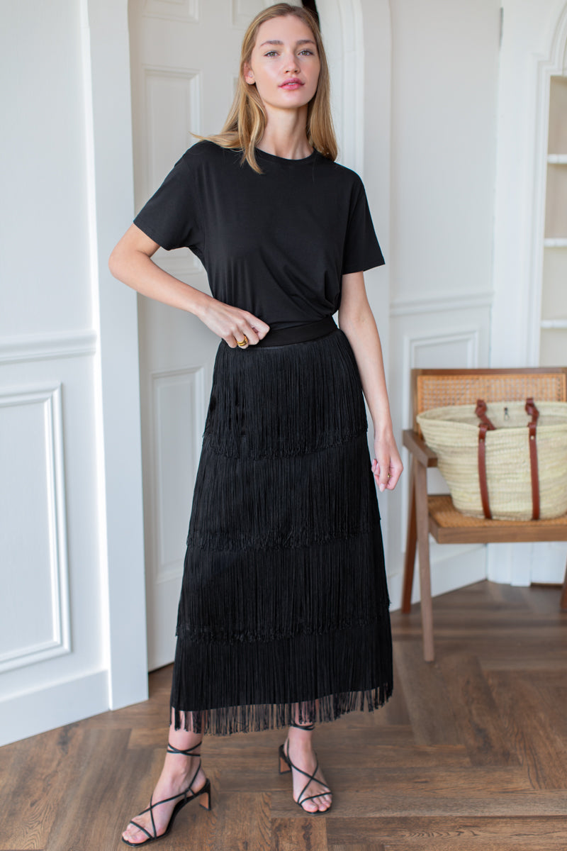 Fringe Midi Skirt - Black