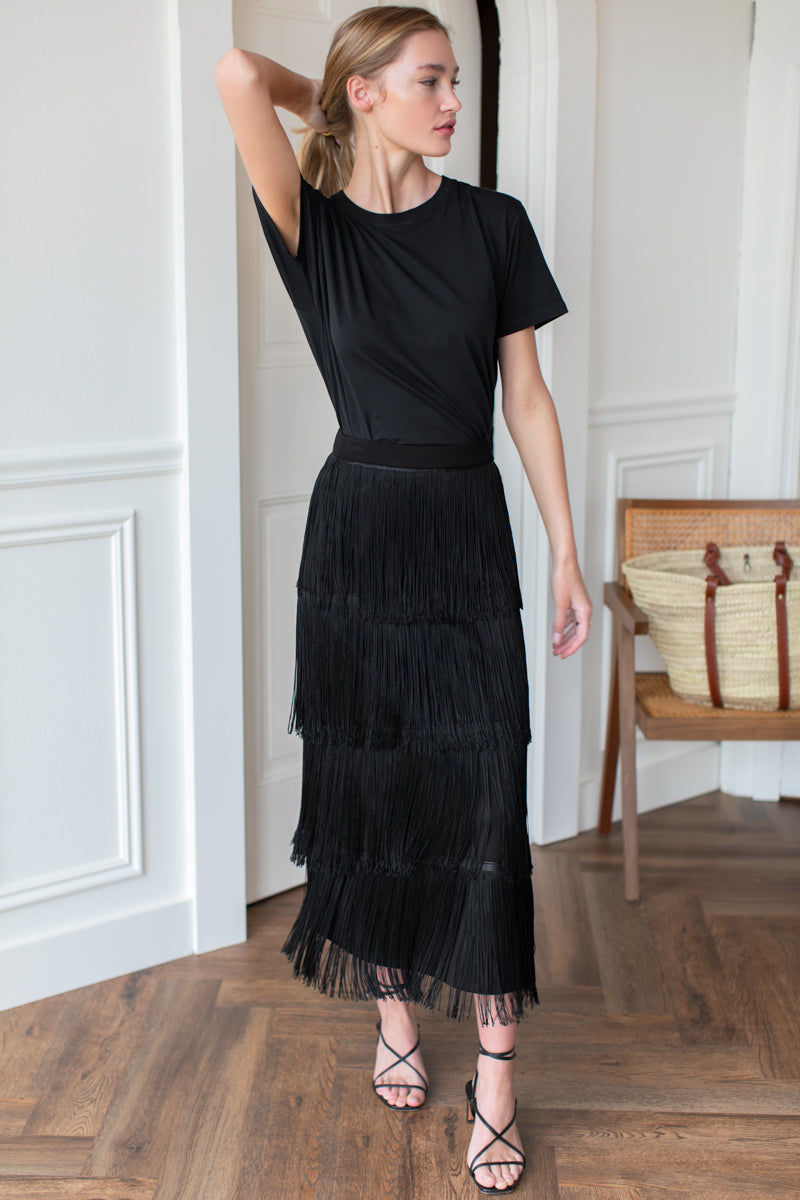 Fringe Midi Skirt - Black