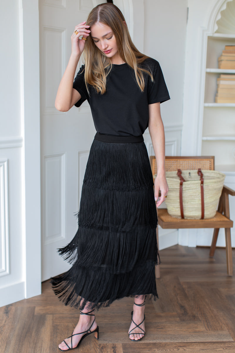 Fringe Midi Skirt - Black