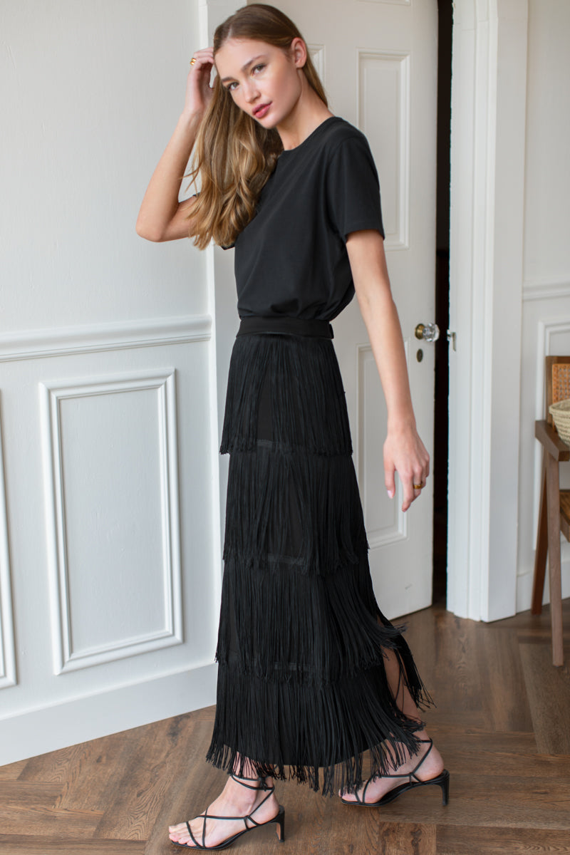 Fringe Midi Skirt - Black