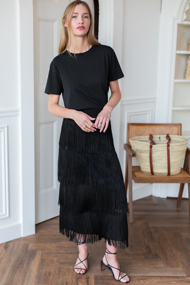 Fringe Midi Skirt - Black