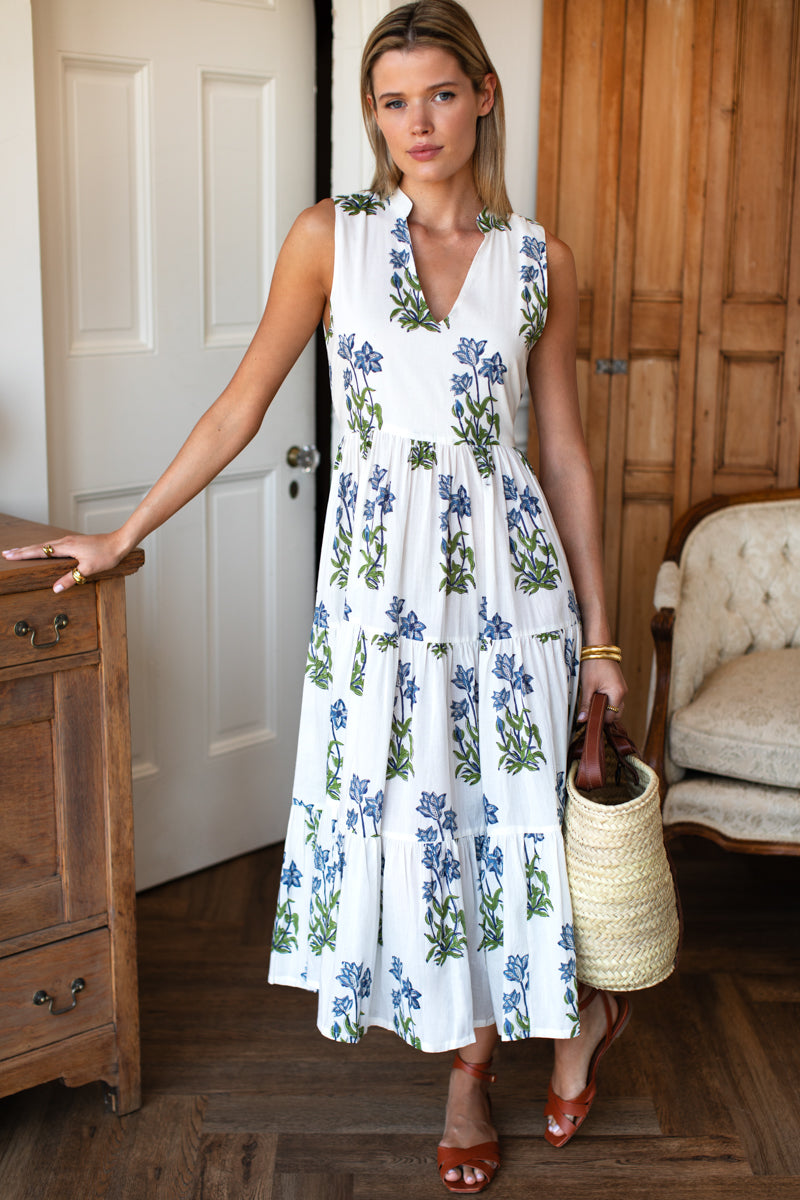 Indi Tier Dress - Blue Clematis Flowers Organic