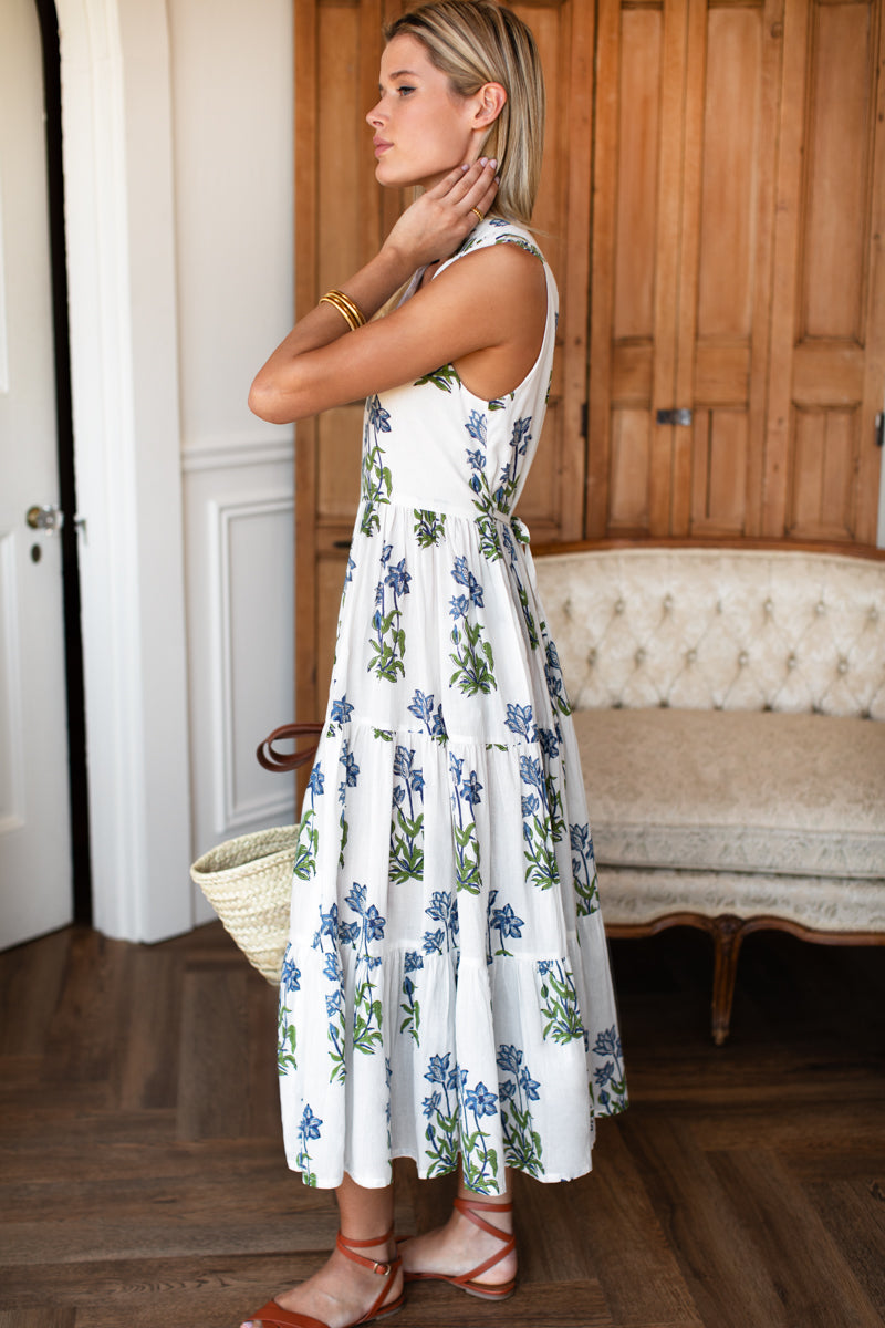 Indi Tier Dress - Blue Clematis Flowers Organic