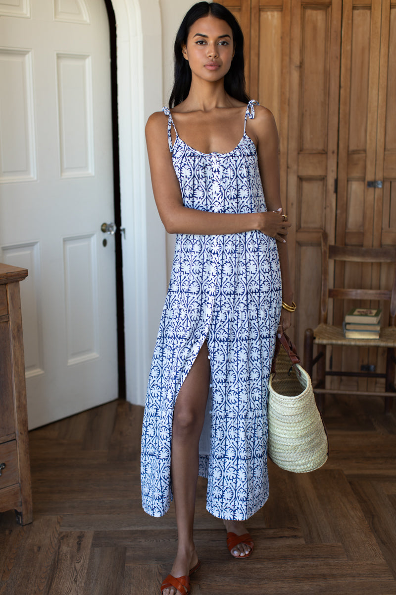 India Button Front Sundress 2 - Etoile Vine Indigo Organic