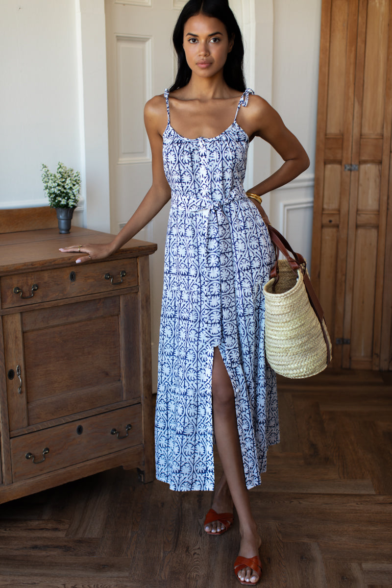 India Button Front Sundress 2 - Etoile Vine Indigo Organic