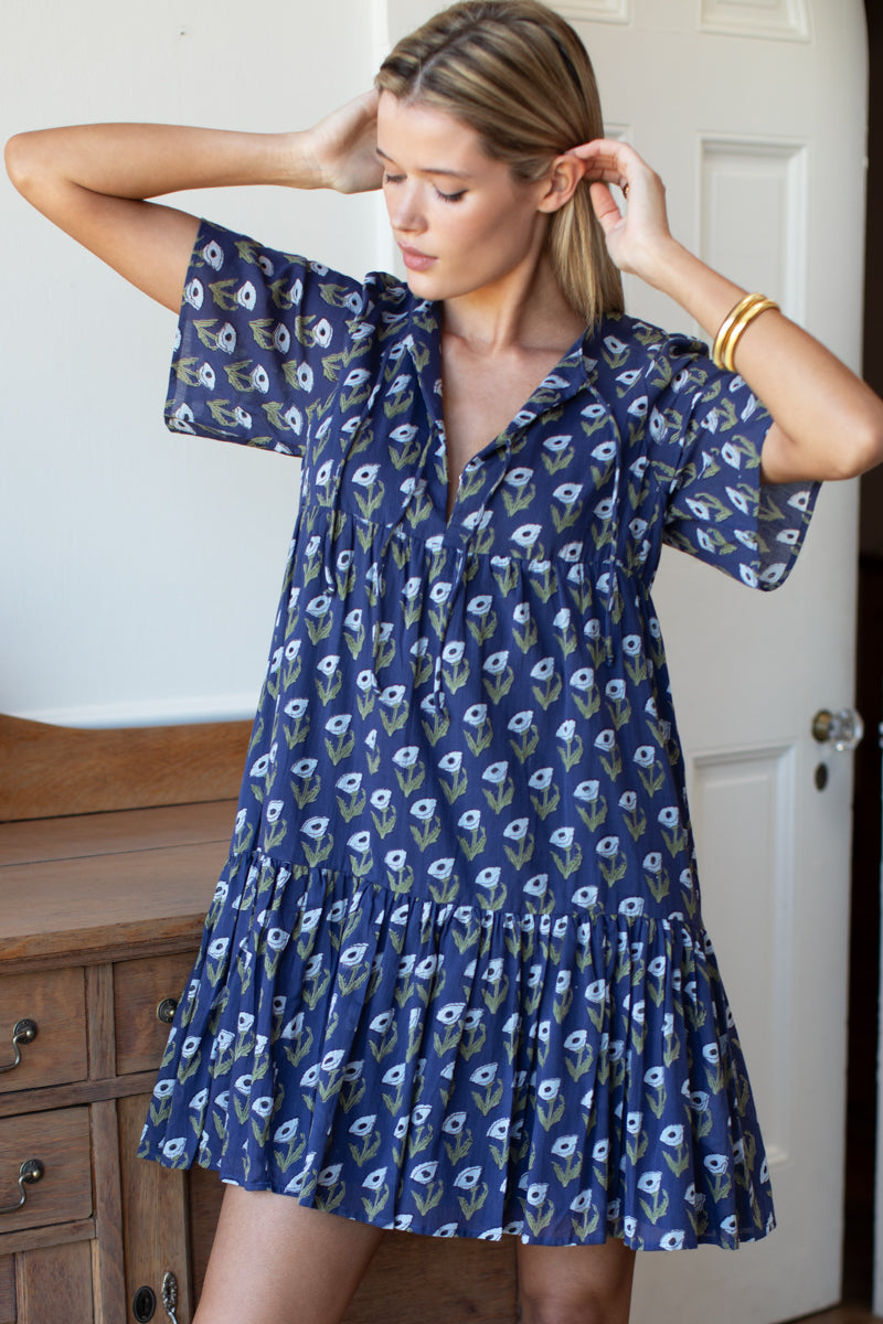 Isla Dress 2 - Pressed Poppies Blue Indigo Organic