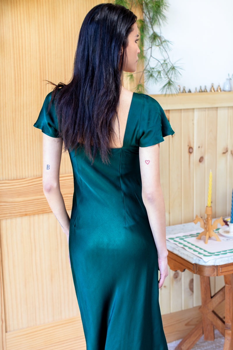 Knot Front Dress - Botanical Green Satin