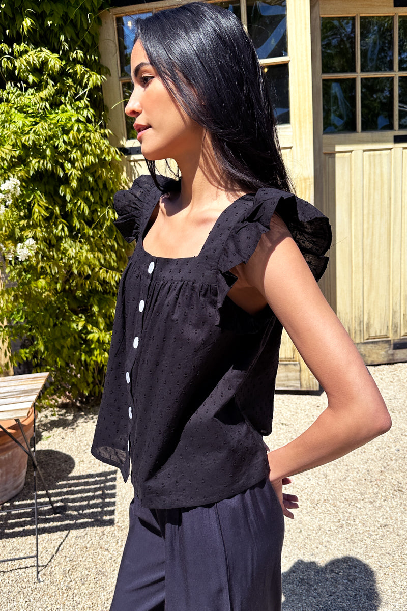 Laurent Flutter Top - Swiss Dot Black Organic