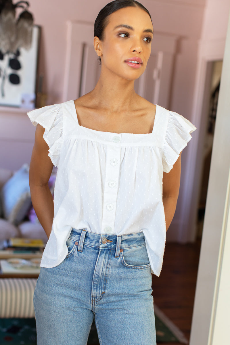 Laurent Flutter Top - Swiss Dot White Organic