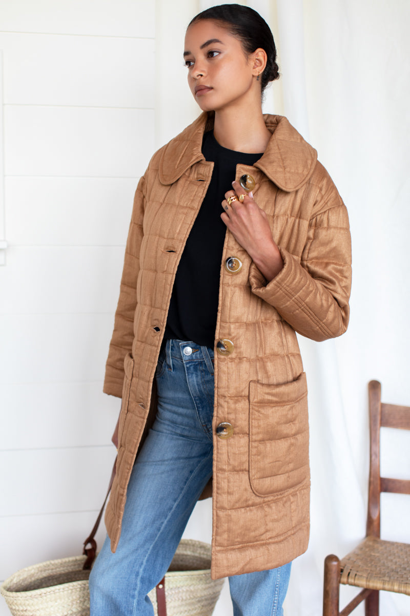 Long Quilted Jacket - Camel Linen