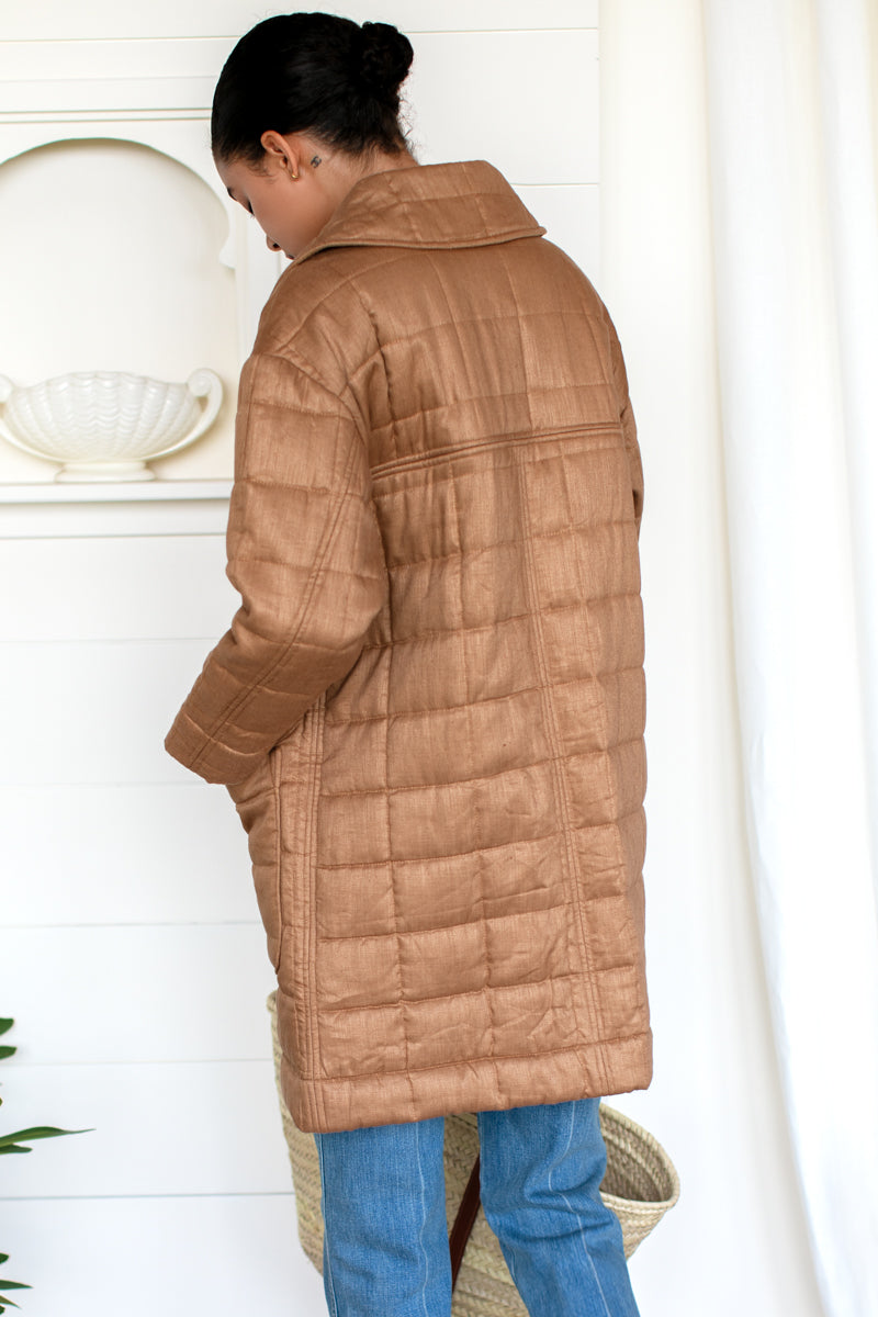 Long Quilted Jacket - Camel Linen