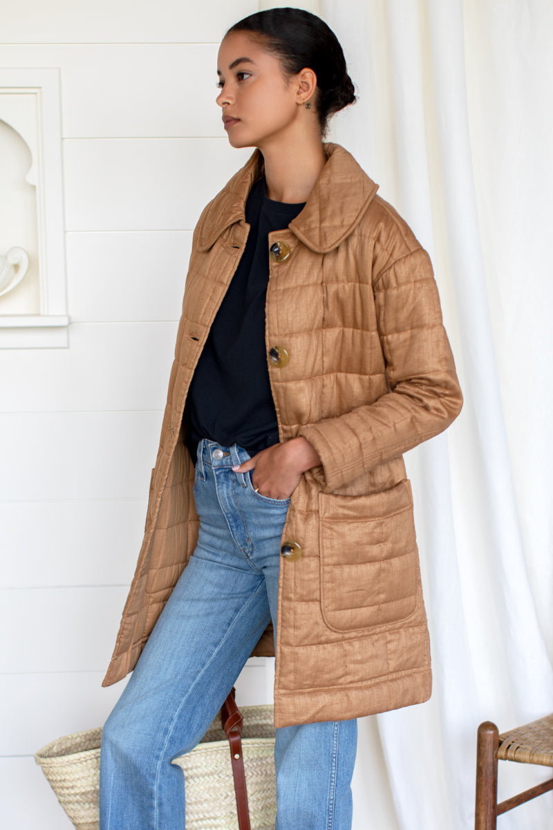 Long Quilted Jacket - Camel Linen