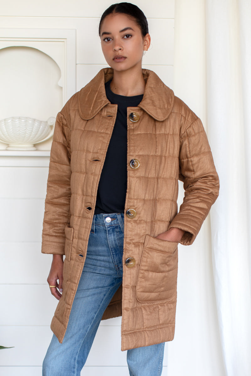 Long Quilted Jacket - Camel Linen