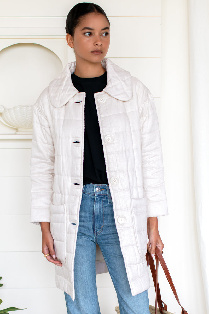 Long Quilted Jacket - Ivory Linen