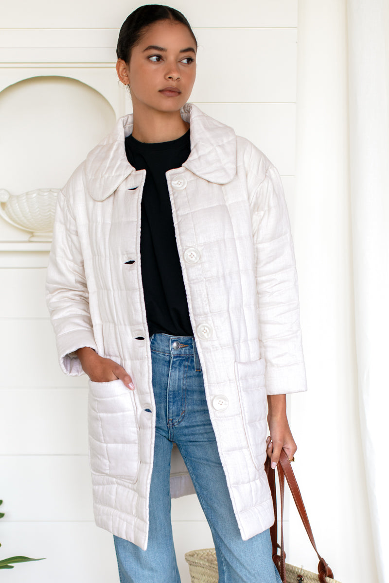 Long Quilted Jacket - Ivory Linen