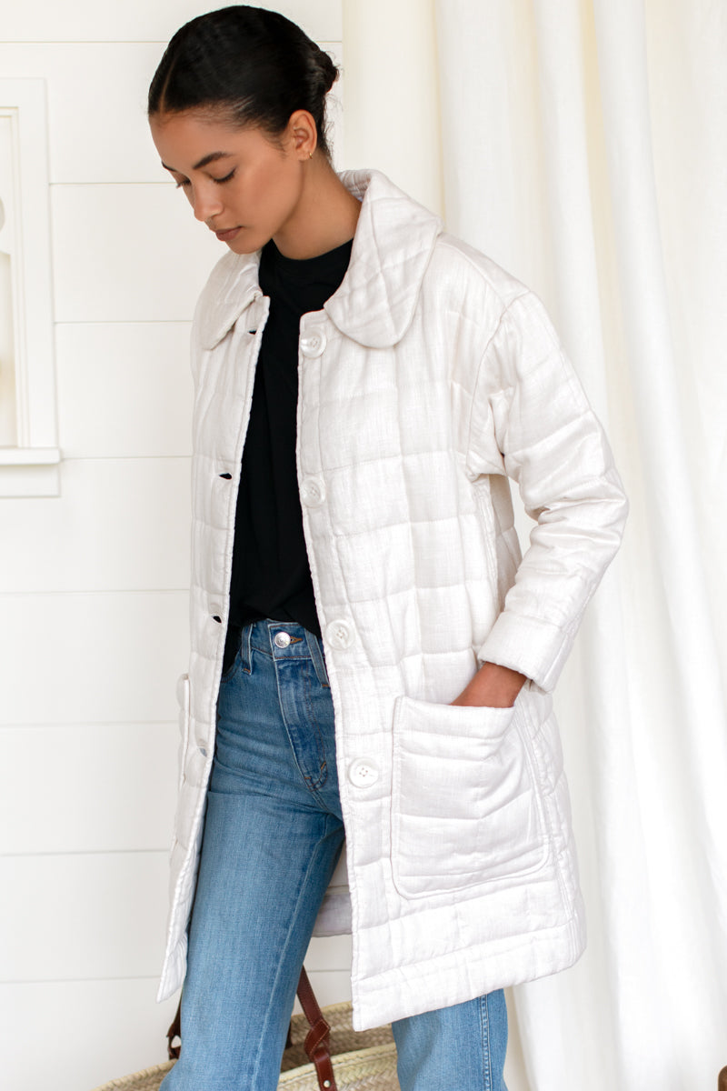 Long Quilted Jacket - Ivory Linen