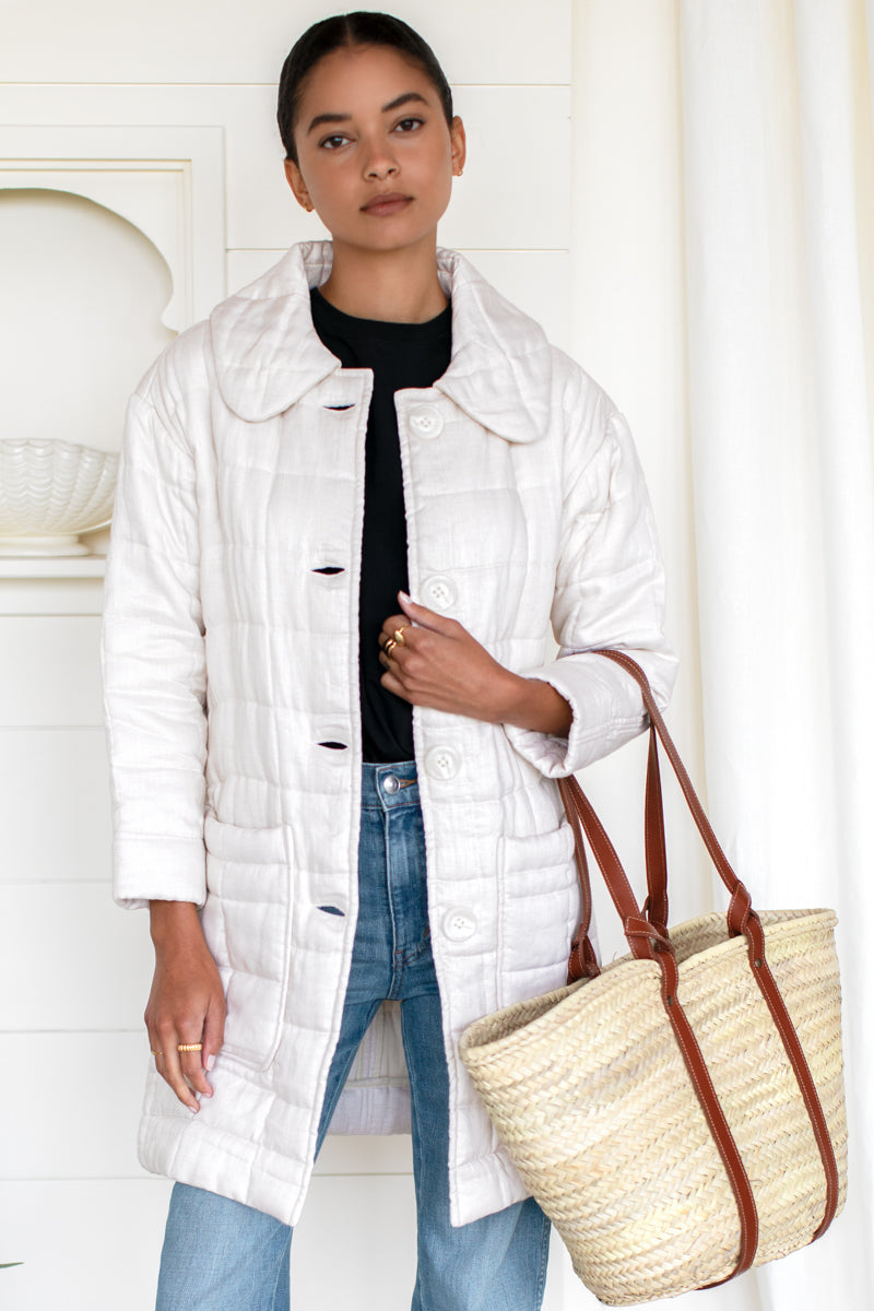 Long Quilted Jacket - Ivory Linen