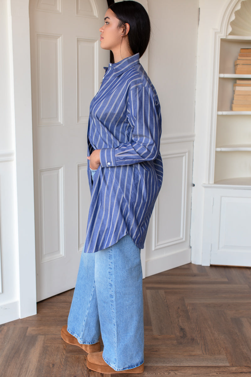 Longsleeve Shirtdress - Slate Blue Stripe