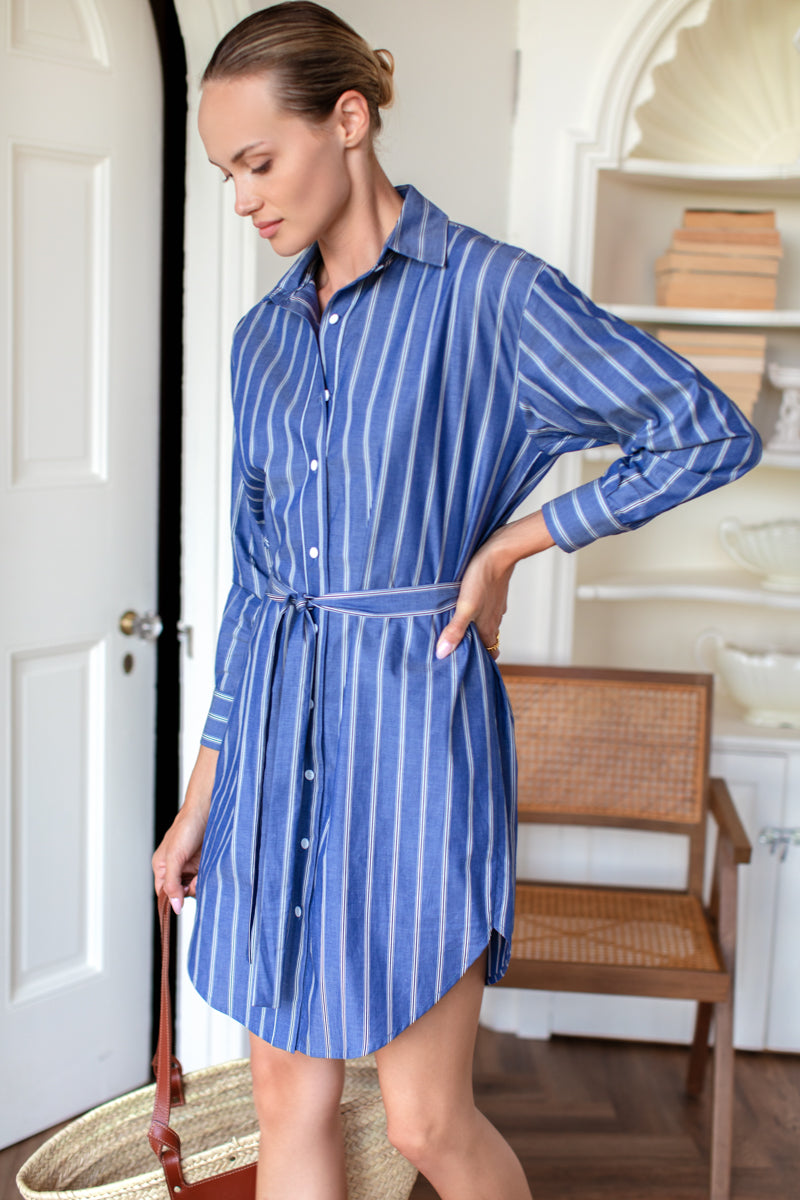 Longsleeve Shirtdress - Slate Blue Stripe