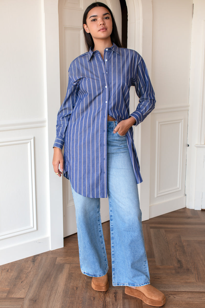 Longsleeve Shirtdress - Slate Blue Stripe S Longsleeve Shirtdress - Slate Blue Stripe S