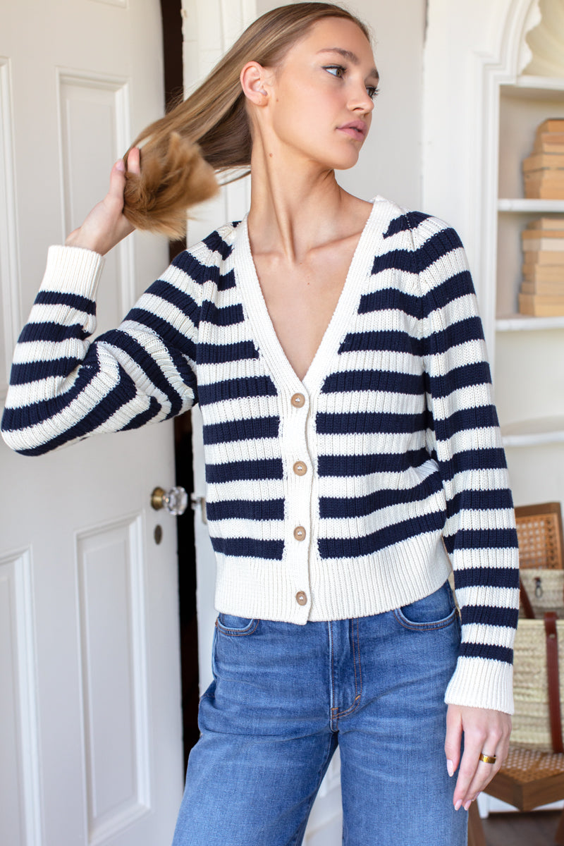 Low V Neck Cardigan - Navy French Stripe Organic