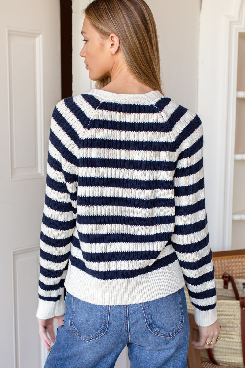 Low V Neck Cardigan - Navy French Stripe Organic