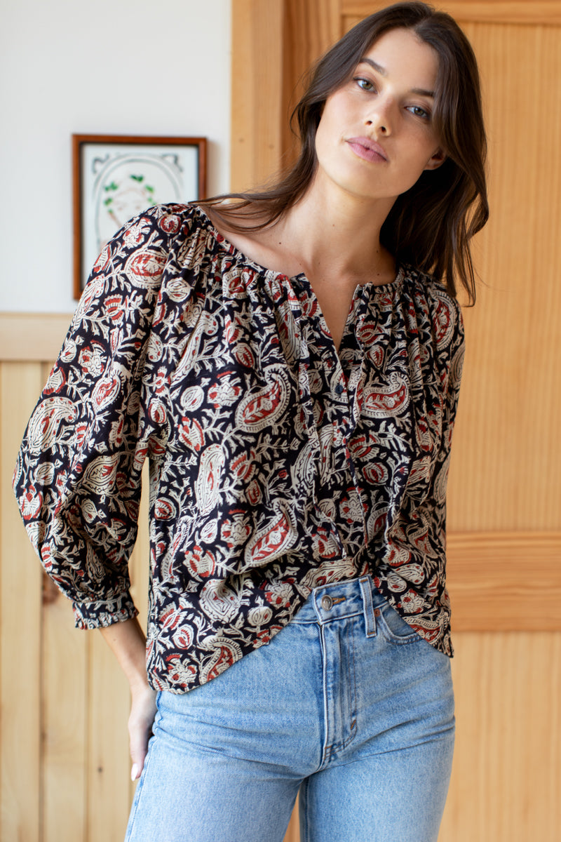 Lucy 2 Blouse - Paisley Black + Clay Satin - Emerson Fry