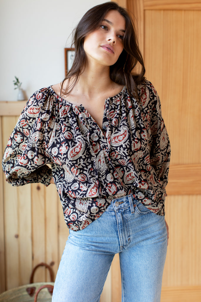 Lucy 2 Blouse - Paisley Black + Clay Satin - Emerson Fry