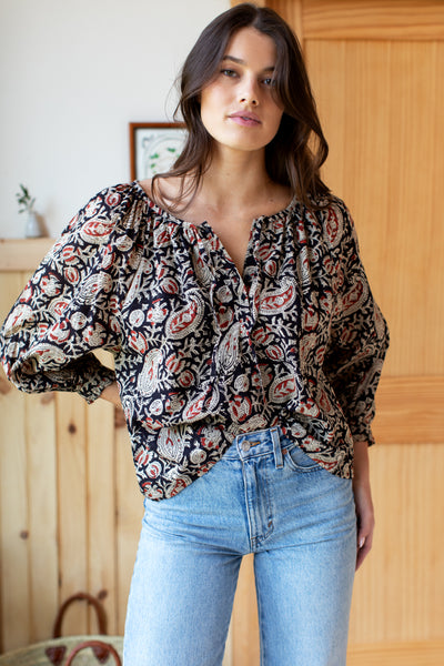 Lucy 2 Blouse - Paisley Black + Clay Satin - Emerson Fry