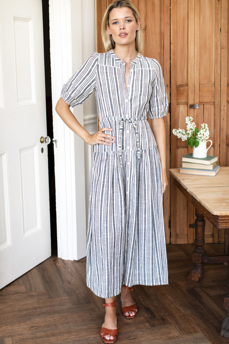 Lucy 4 Basque Dress - Aradonis Stripe Storm Grey M Lucy 4 Basque Dress - Aradonis Stripe Storm Grey M