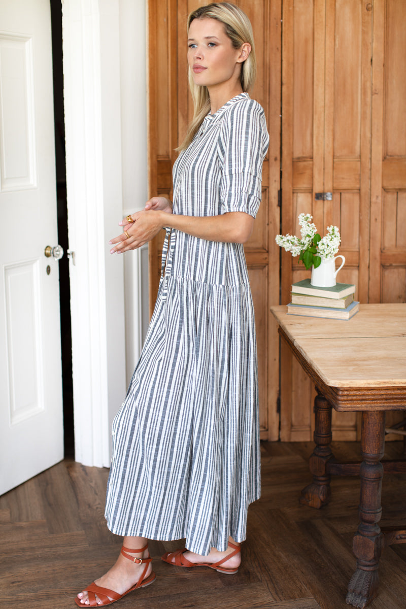 Lucy 4 Basque Dress - Aradonis Stripe Storm Grey