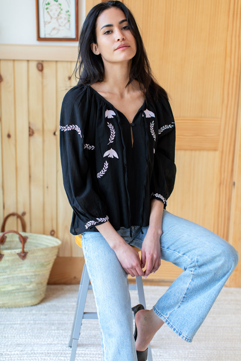 Lucy Dove Embroidery Blouse - Black Flax Voile
