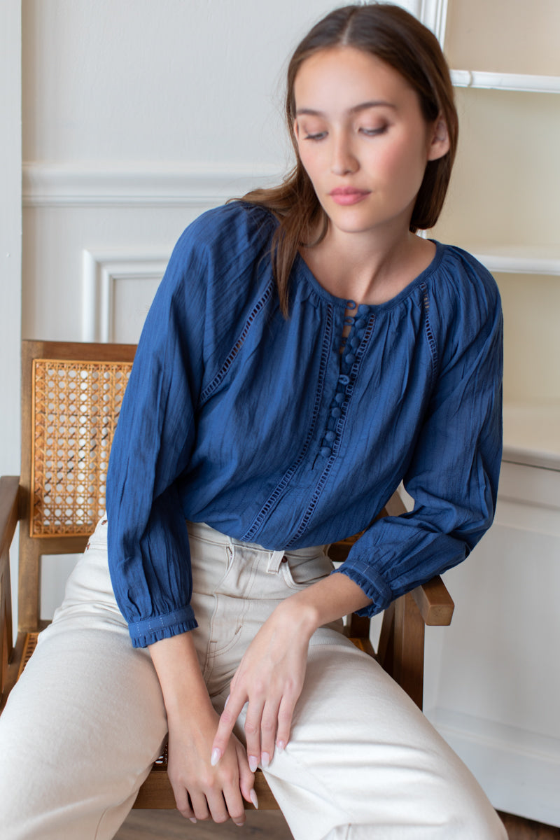 Lucy Heirloom Blouse - Indigo Cotton Dobby Organic