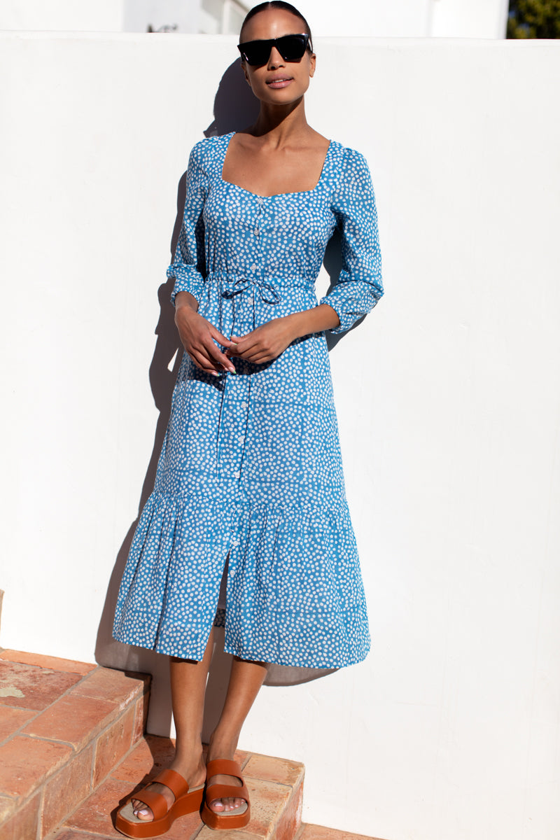 Lucy Meadow Dress - Painterly Dots Blue Organic