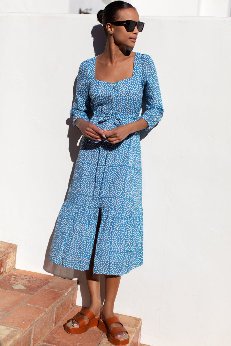 Lucy Meadow Dress - Painterly Dots Blue Organic