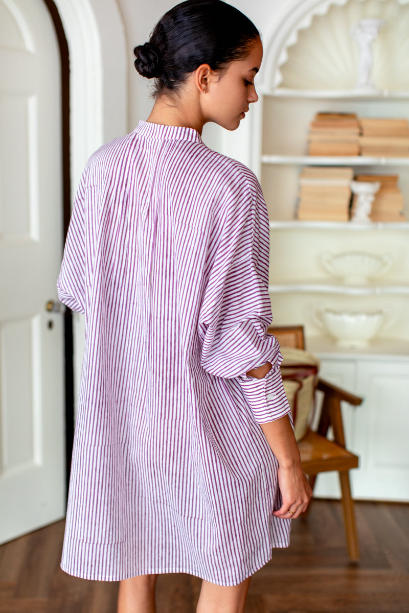 Mandarin Collar Shirtdress - Crushed Berry Stripe