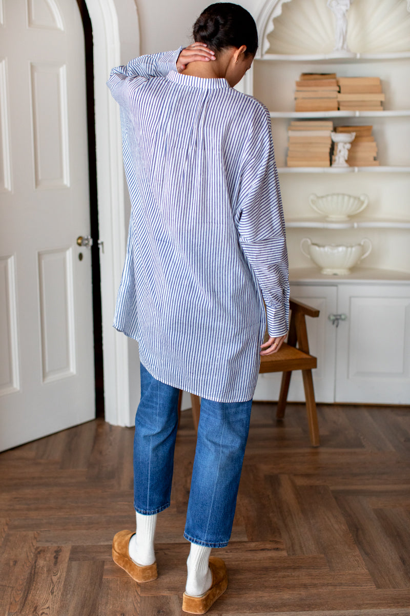 Mandarin Collar Shirtdress - Indigo Stripe Organic